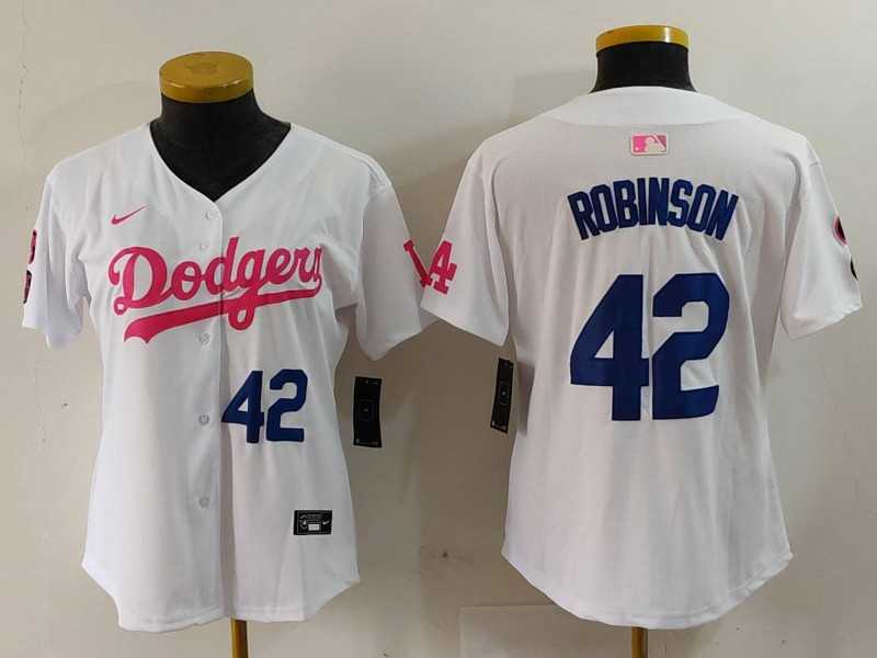 Womens Los Angeles Dodgers #42 Jackie Robinson White Pink With Patch Limited Stitched Jerseys